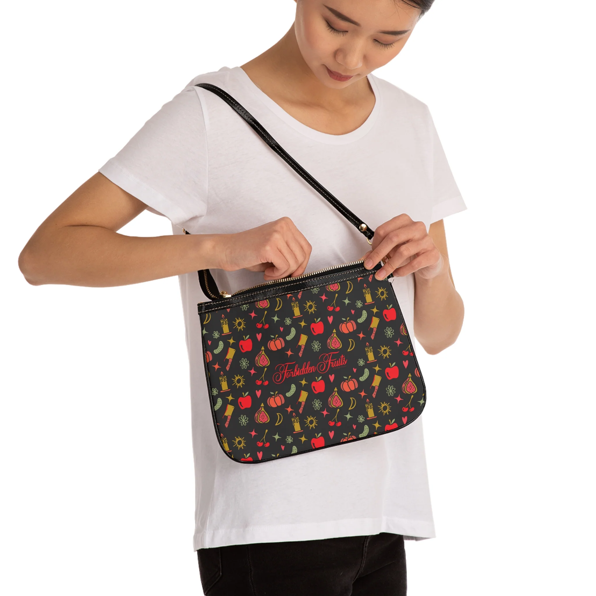 Forbidden Fruits All Over Pattern Small Shoulder Bag Black - Image 3